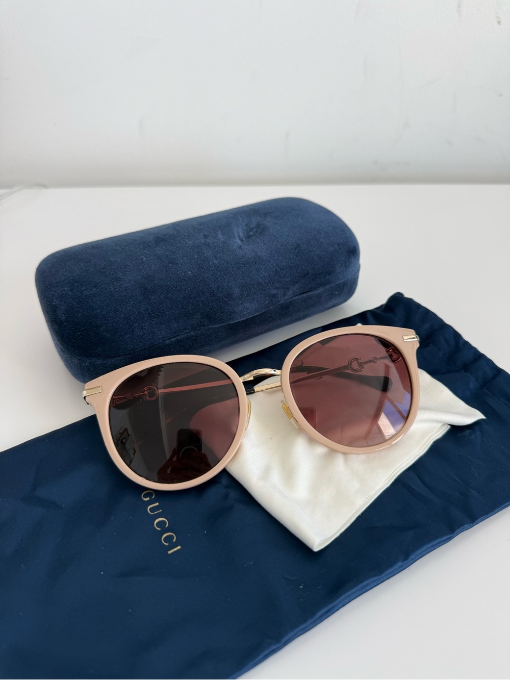 Gucci Beige-Pink Women’s Sunglasses with Gold Temples